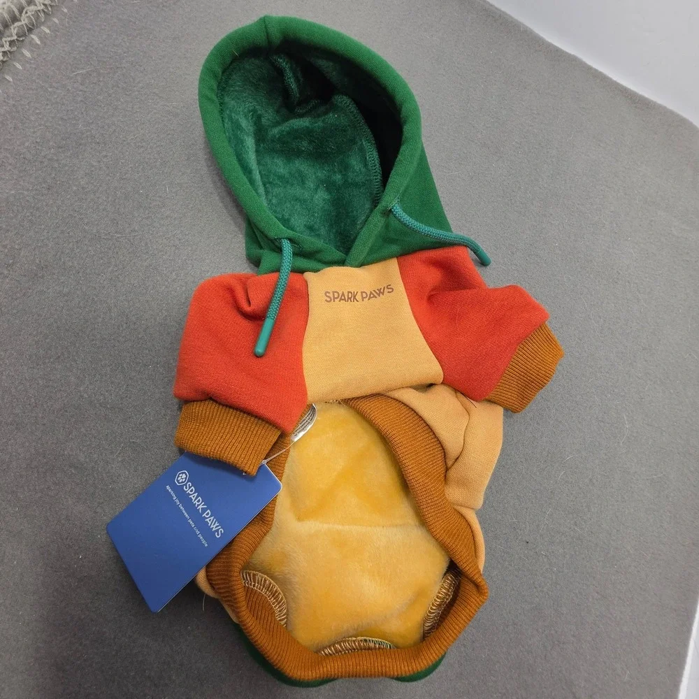 Spark Paws Dog Hoodie Colorblock Green Orange Tan Fleece Lined NWT J